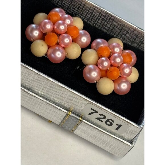 Vintage Japan Cluster Clip-On Earrings Pink & Orange Faux Pearls Flower Design W - Picture 7 of 7